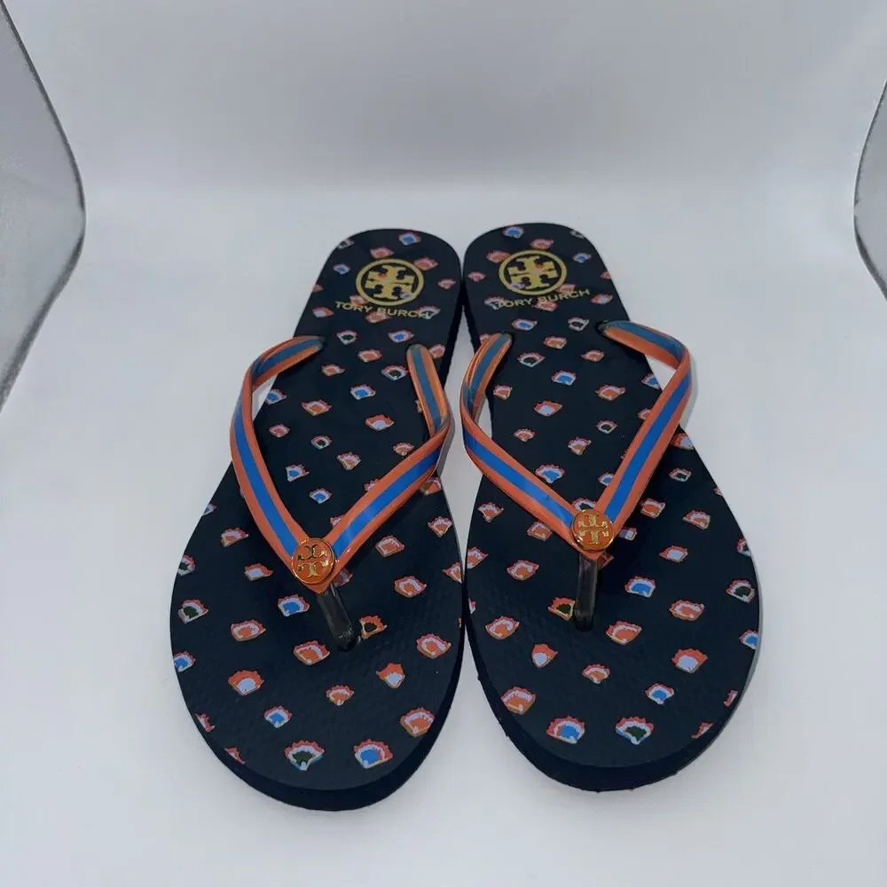 Tory Burch Navy Orange Blue Printed Logo Flip Flops Women’s Sandals